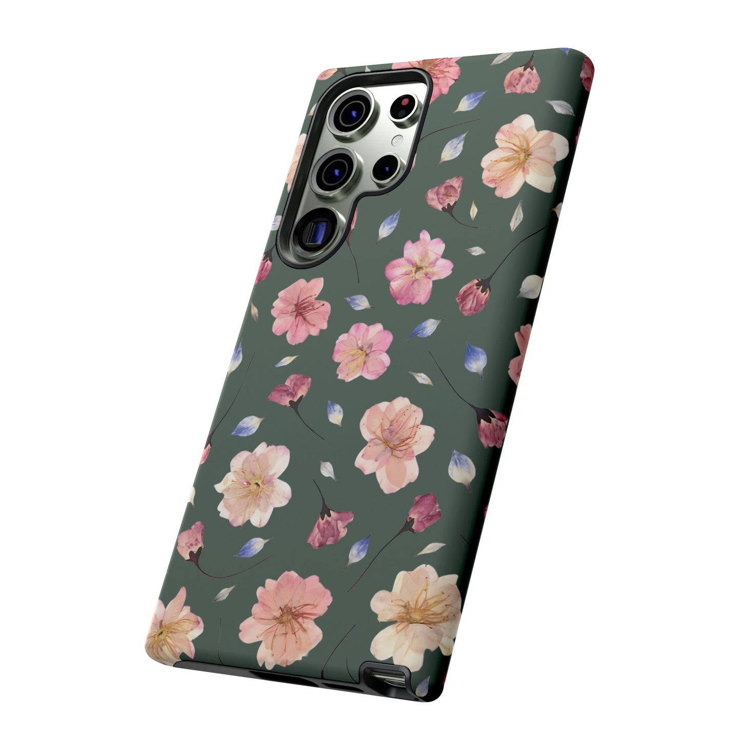 Coque Téléphone Samsung, iPhone & Google Pixel Renforcée Mate – Design Floral Fleurs de Cerisier sur Fond Verte Minéral | Protection Antichoc | Idée Cadeau Femme