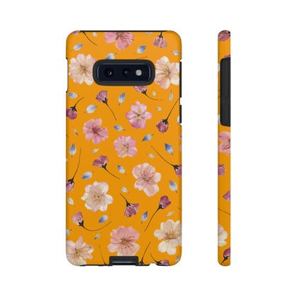 Coque Téléphone Samsung, iPhone & Google Pixel Renforcée Mate – Design Floral Fleurs de Cerisier sur Fond Couleur Curcuma| Protection Antichoc | Idée Cadeau Femme