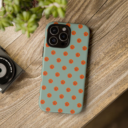 Coque Téléphone Samsung, iPhone & Google Pixel Renforcée Mate – Design Floral Epuré Fleurs de Cosmos Orange sur Fond Vert Eucalyptus | Protection Antichoc | Idée Cadeau Femme
