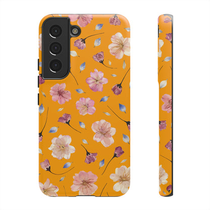 Coque Téléphone Samsung, iPhone & Google Pixel Renforcée Mate – Design Floral Fleurs de Cerisier sur Fond Couleur Curcuma| Protection Antichoc | Idée Cadeau Femme