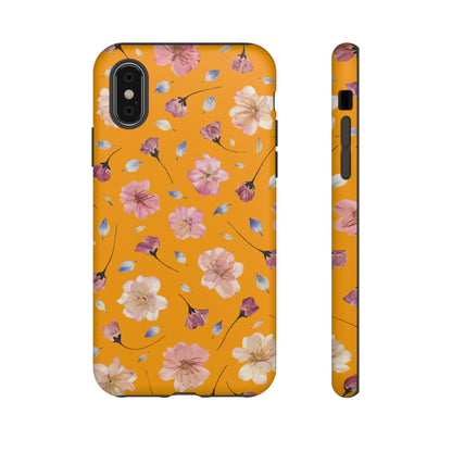 Coque Téléphone Samsung, iPhone & Google Pixel Renforcée Mate – Design Floral Fleurs de Cerisier sur Fond Couleur Curcuma| Protection Antichoc | Idée Cadeau Femme