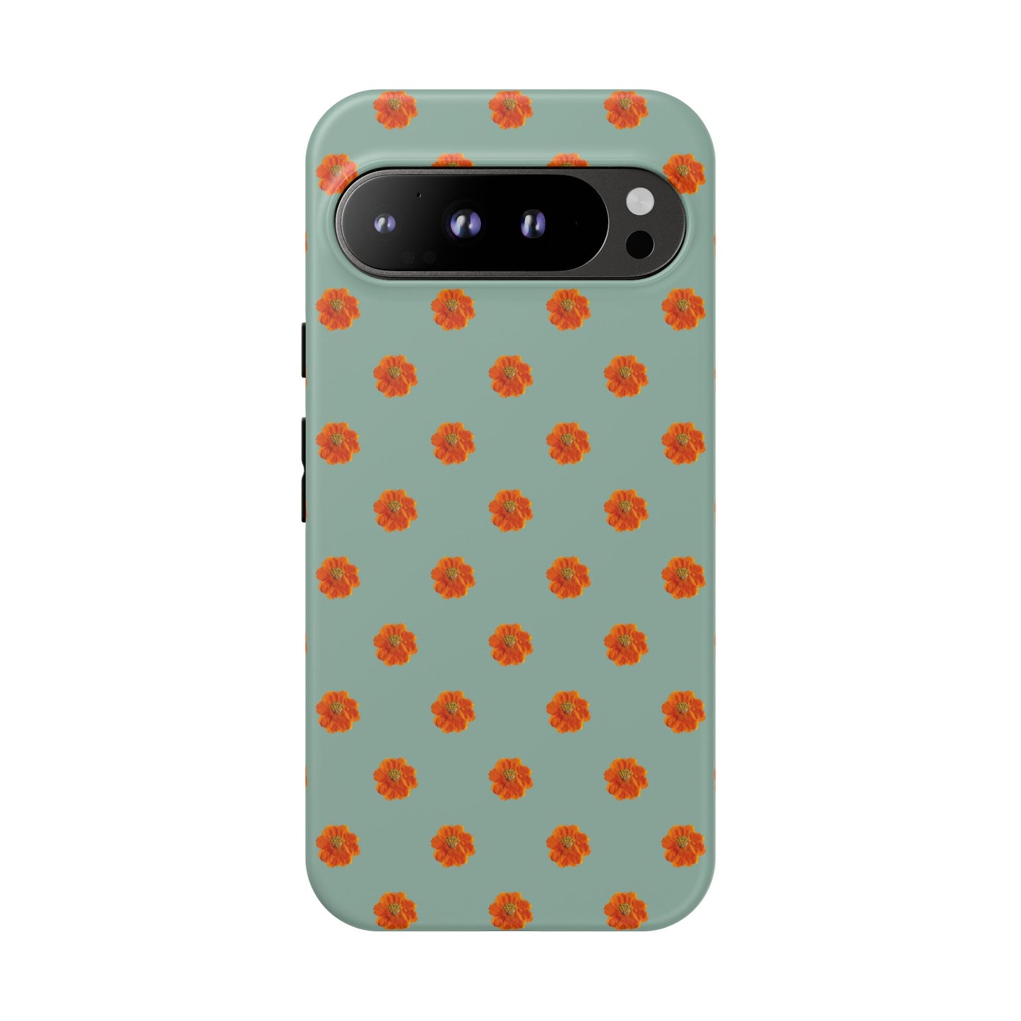 Coque Téléphone Samsung, iPhone & Google Pixel Renforcée Mate – Design Floral Epuré Fleurs de Cosmos Orange sur Fond Vert Eucalyptus | Protection Antichoc | Idée Cadeau Femme