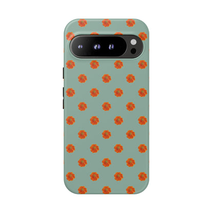 Coque Téléphone Samsung, iPhone & Google Pixel Renforcée Mate – Design Floral Epuré Fleurs de Cosmos Orange sur Fond Vert Eucalyptus | Protection Antichoc | Idée Cadeau Femme