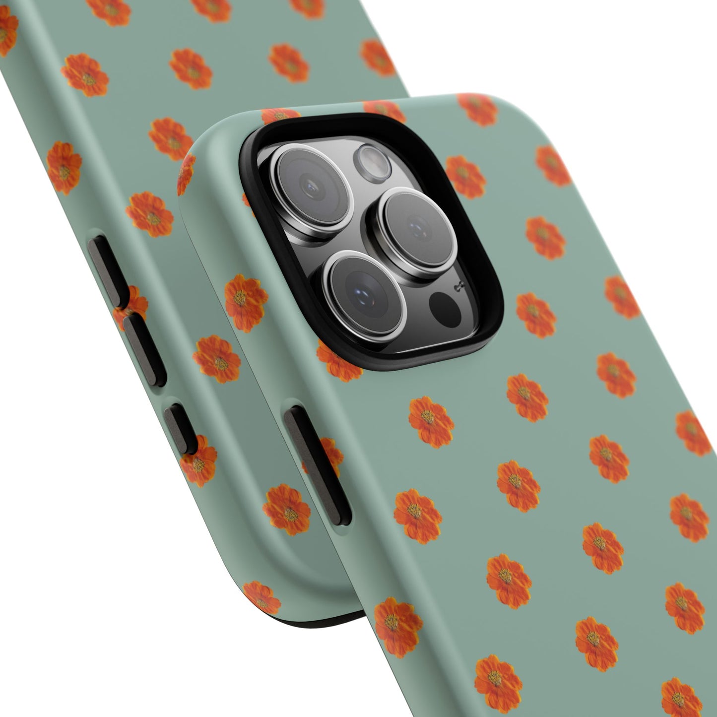 Coque Téléphone Samsung, iPhone & Google Pixel Renforcée Mate – Design Floral Epuré Fleurs de Cosmos Orange sur Fond Vert Eucalyptus | Protection Antichoc | Idée Cadeau Femme