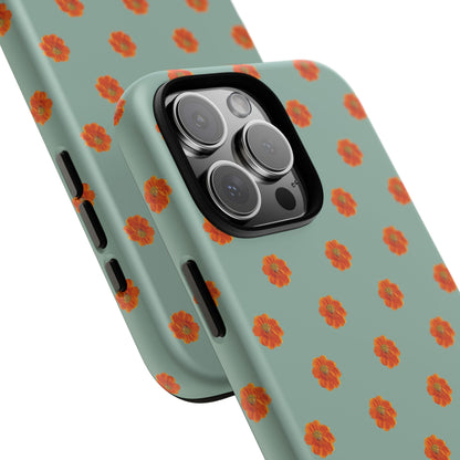 Coque Téléphone Samsung, iPhone & Google Pixel Renforcée Mate – Design Floral Epuré Fleurs de Cosmos Orange sur Fond Vert Eucalyptus | Protection Antichoc | Idée Cadeau Femme