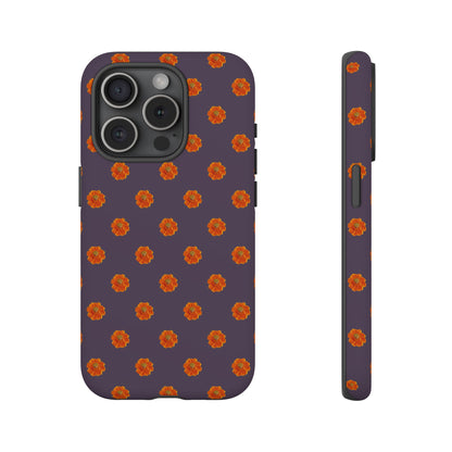 Coque Téléphone Samsung, iPhone & Google Pixel Renforcée Mate – Design Floral Epuré Fleurs de Cosmos Orange sur Fond Couleur Prune | Protection Antichoc | Idée Cadeau Femme