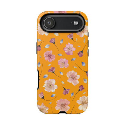 Coque Téléphone Samsung, iPhone & Google Pixel Renforcée Mate – Design Floral Fleurs de Cerisier sur Fond Couleur Curcuma| Protection Antichoc | Idée Cadeau Femme