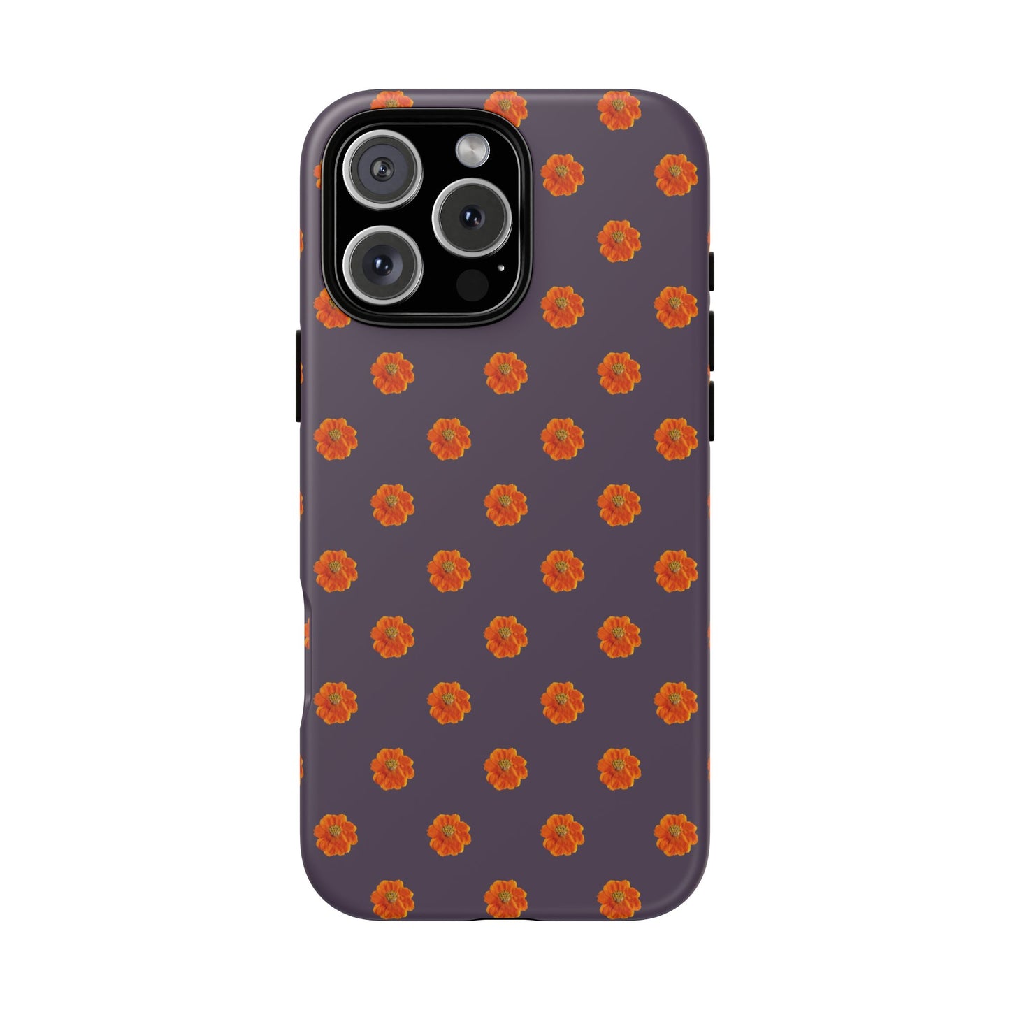 Coque Téléphone Samsung, iPhone & Google Pixel Renforcée Mate – Design Floral Epuré Fleurs de Cosmos Orange sur Fond Couleur Prune | Protection Antichoc | Idée Cadeau Femme