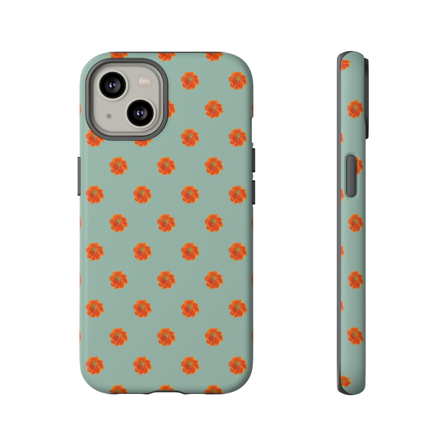 Coque Téléphone Samsung, iPhone & Google Pixel Renforcée Mate – Design Floral Epuré Fleurs de Cosmos Orange sur Fond Vert Eucalyptus | Protection Antichoc | Idée Cadeau Femme