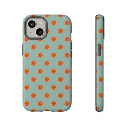 Coque Téléphone Samsung, iPhone & Google Pixel Renforcée Mate – Design Floral Epuré Fleurs de Cosmos Orange sur Fond Vert Eucalyptus | Protection Antichoc | Idée Cadeau Femme