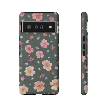 Coque Téléphone Samsung, iPhone & Google Pixel Renforcée Mate – Design Floral Fleurs de Cerisier sur Fond Verte Minéral | Protection Antichoc | Idée Cadeau Femme