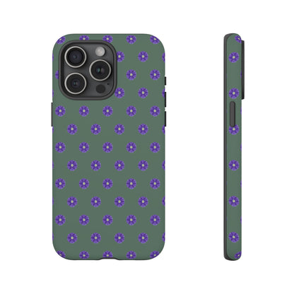Coque Téléphone Samsung, iPhone & Google Pixel Renforcée Mate – Design Floral Epuré Fleurs de Primevère sur Fond Vert Minéral | Protection Antichoc | Idée Cadeau Femme