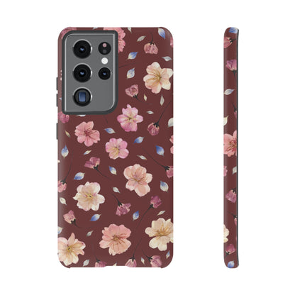 Coque Téléphone Samsung, iPhone & Google Pixel Renforcée Mate – Design Floral Fleurs de Cerisier sur Fond Bordeaux | Protection Antichoc | Idée Cadeau Pour Elle