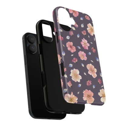 Coque Téléphone Samsung, iPhone & Google Pixel Renforcée Mate – Design Floral Fleurs de Cerisier sur Fond Couleur Prune | Protection Antichoc | Idée Cadeau Femme