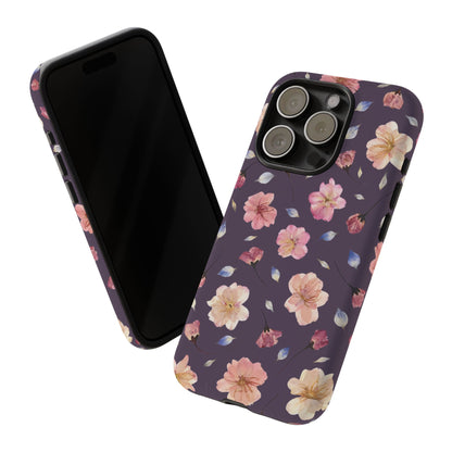 Coque Téléphone Samsung, iPhone & Google Pixel Renforcée Mate – Design Floral Fleurs de Cerisier sur Fond Couleur Prune | Protection Antichoc | Idée Cadeau Femme
