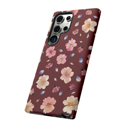 Coque Téléphone Samsung, iPhone & Google Pixel Renforcée Mate – Design Floral Fleurs de Cerisier sur Fond Bordeaux | Protection Antichoc | Idée Cadeau Pour Elle