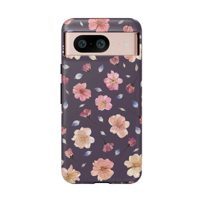 Coque Téléphone Samsung, iPhone & Google Pixel Renforcée Mate – Design Floral Fleurs de Cerisier sur Fond Couleur Prune | Protection Antichoc | Idée Cadeau Femme