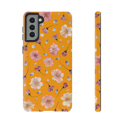 Coque Téléphone Samsung, iPhone & Google Pixel Renforcée Mate – Design Floral Fleurs de Cerisier sur Fond Couleur Curcuma| Protection Antichoc | Idée Cadeau Femme