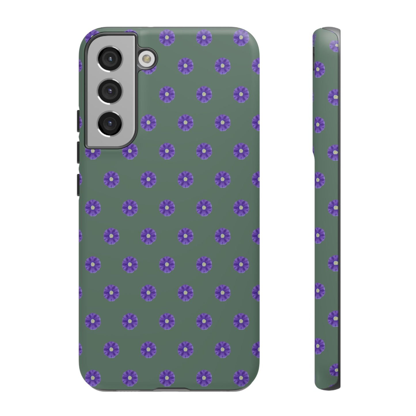 Coque Téléphone Samsung, iPhone & Google Pixel Renforcée Mate – Design Floral Epuré Fleurs de Primevère sur Fond Vert Minéral | Protection Antichoc | Idée Cadeau Femme