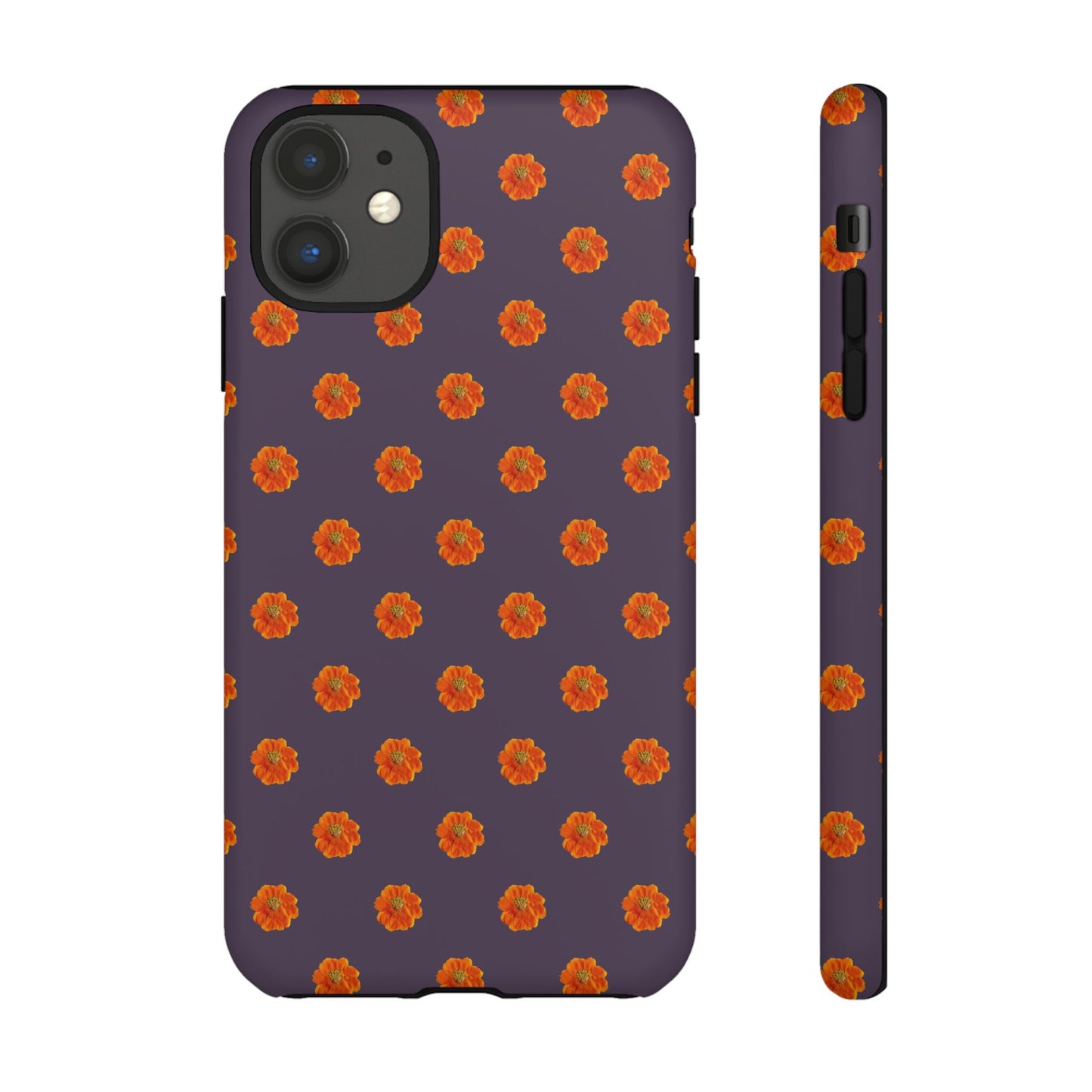Coque Téléphone Samsung, iPhone & Google Pixel Renforcée Mate – Design Floral Epuré Fleurs de Cosmos Orange sur Fond Couleur Prune | Protection Antichoc | Idée Cadeau Femme