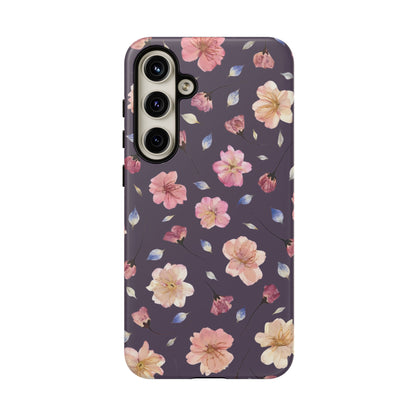 Coque Téléphone Samsung, iPhone & Google Pixel Renforcée Mate – Design Floral Fleurs de Cerisier sur Fond Couleur Prune | Protection Antichoc | Idée Cadeau Femme