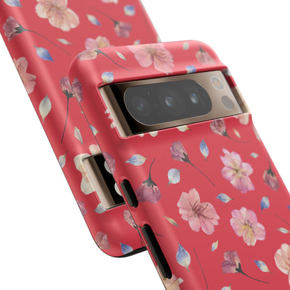 Coque Téléphone Samsung, iPhone & Google Pixel Renforcée Mate – Design Floral Fleurs de Cerisier sur Fond Rouge Féminin | Protection Antichoc | Idée Cadeau Femme