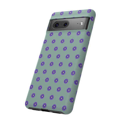 Coque Téléphone Samsung, iPhone & Google Pixel Renforcée Mate – Design Floral Epuré Fleurs de Primevère sur Fond Vert Eucalyptus | Protection Antichoc | Idée Cadeau Anniverssaire