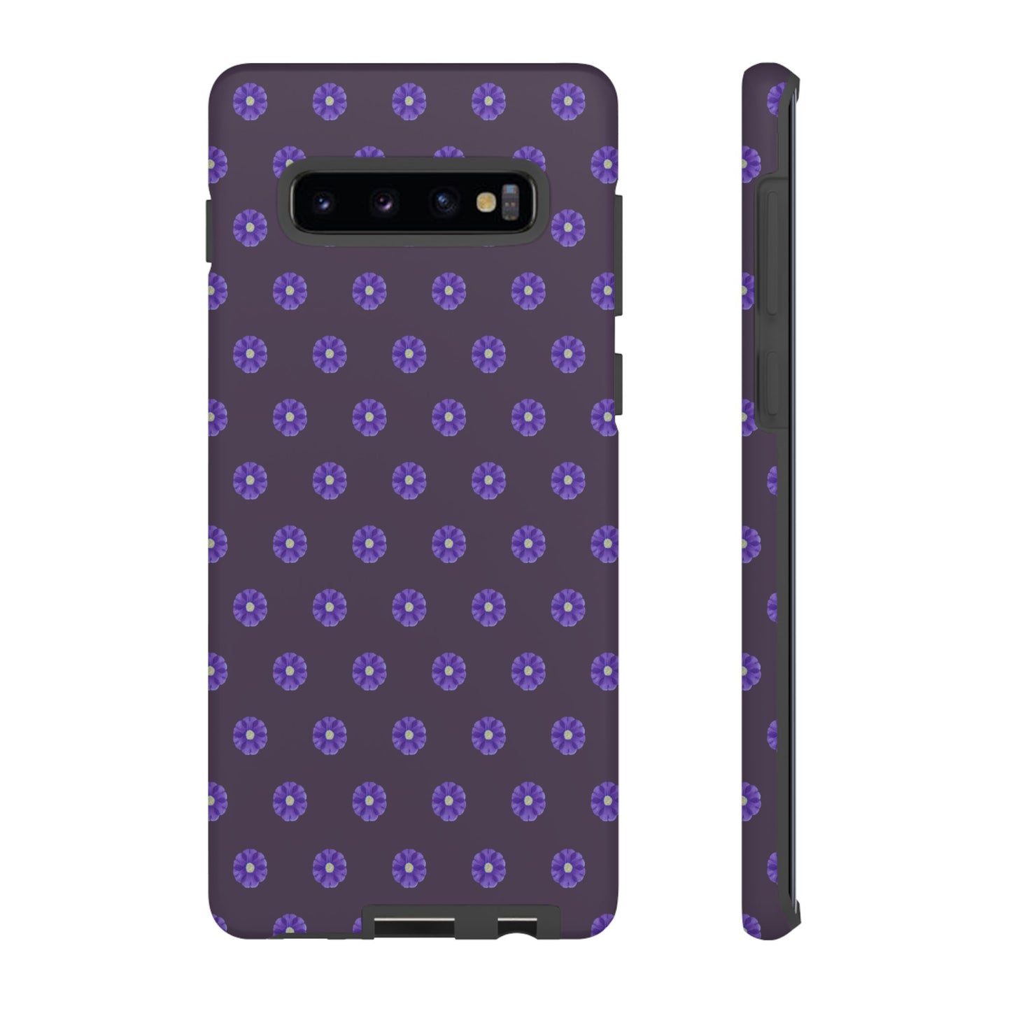 Coque Téléphone Samsung, iPhone & Google Pixel Renforcée Mate – Design Floral Epuré Fleurs de Primevère sur Fond Couleur Prune| Protection Antichoc | Idée Cadeau Femme