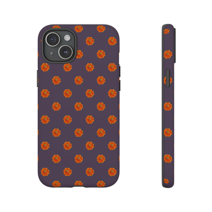 Coque Téléphone Samsung, iPhone & Google Pixel Renforcée Mate – Design Floral Epuré Fleurs de Cosmos Orange sur Fond Couleur Prune | Protection Antichoc | Idée Cadeau Femme