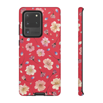 Coque Téléphone Samsung, iPhone & Google Pixel Renforcée Mate – Design Floral Fleurs de Cerisier sur Fond Rouge Féminin | Protection Antichoc | Idée Cadeau Femme
