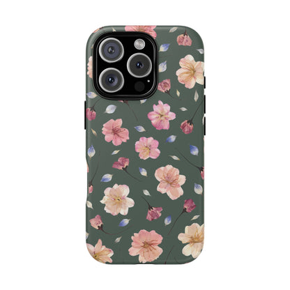 Coque Téléphone Samsung, iPhone & Google Pixel Renforcée Mate – Design Floral Fleurs de Cerisier sur Fond Verte Minéral | Protection Antichoc | Idée Cadeau Femme