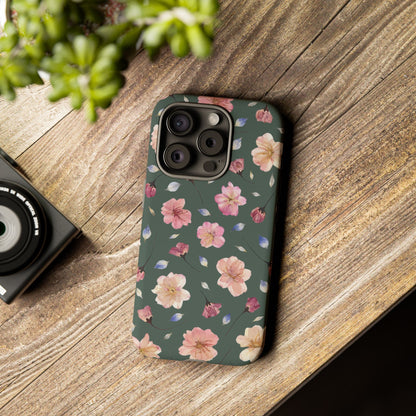 Coque Téléphone Samsung, iPhone & Google Pixel Renforcée Mate – Design Floral Fleurs de Cerisier sur Fond Verte Minéral | Protection Antichoc | Idée Cadeau Femme