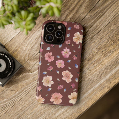 Coque Téléphone Samsung, iPhone & Google Pixel Renforcée Mate – Design Floral Fleurs de Cerisier sur Fond Bordeaux | Protection Antichoc | Idée Cadeau Pour Elle