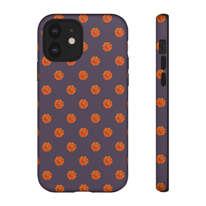 Coque Téléphone Samsung, iPhone & Google Pixel Renforcée Mate – Design Floral Epuré Fleurs de Cosmos Orange sur Fond Couleur Prune | Protection Antichoc | Idée Cadeau Femme