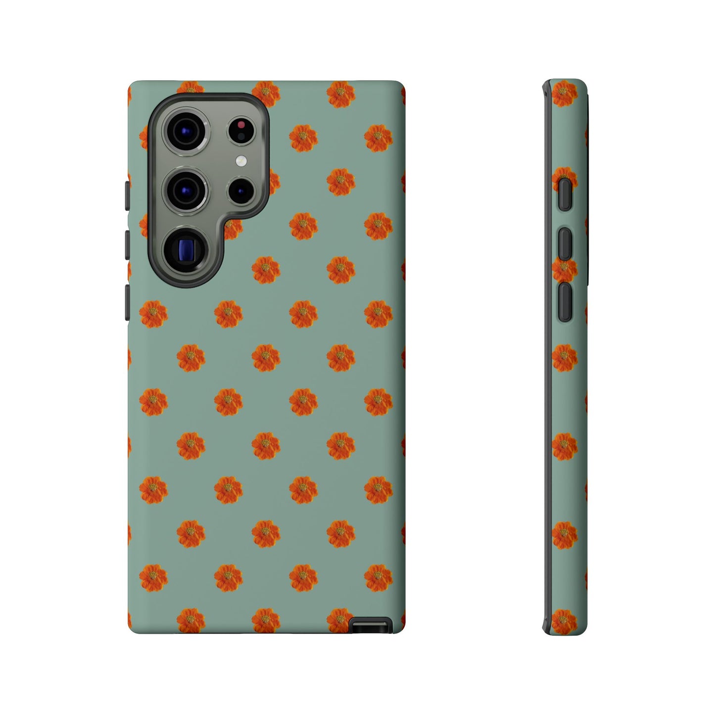 Coque Téléphone Samsung, iPhone & Google Pixel Renforcée Mate – Design Floral Epuré Fleurs de Cosmos Orange sur Fond Vert Eucalyptus | Protection Antichoc | Idée Cadeau Femme