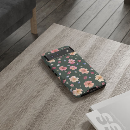 Coque Téléphone Samsung, iPhone & Google Pixel Renforcée Mate – Design Floral Fleurs de Cerisier sur Fond Verte Minéral | Protection Antichoc | Idée Cadeau Femme
