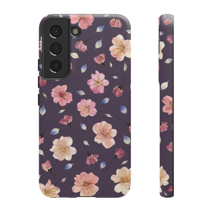 Coque Téléphone Samsung, iPhone & Google Pixel Renforcée Mate – Design Floral Fleurs de Cerisier sur Fond Couleur Prune | Protection Antichoc | Idée Cadeau Femme