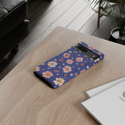 Coque Téléphone Samsung, iPhone & Google Pixel Renforcée Mate – Design Floral Fleurs de Cerisier sur Fond Bleu Encre | Protection Antichoc | Idée Cadeau Pour Elle