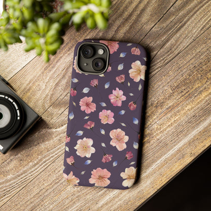 Coque Téléphone Samsung, iPhone & Google Pixel Renforcée Mate – Design Floral Fleurs de Cerisier sur Fond Couleur Prune | Protection Antichoc | Idée Cadeau Femme