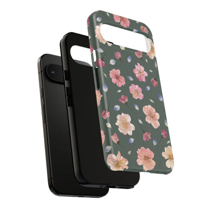 Coque Téléphone Samsung, iPhone & Google Pixel Renforcée Mate – Design Floral Fleurs de Cerisier sur Fond Verte Minéral | Protection Antichoc | Idée Cadeau Femme