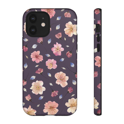Coque Téléphone Samsung, iPhone & Google Pixel Renforcée Mate – Design Floral Fleurs de Cerisier sur Fond Couleur Prune | Protection Antichoc | Idée Cadeau Femme