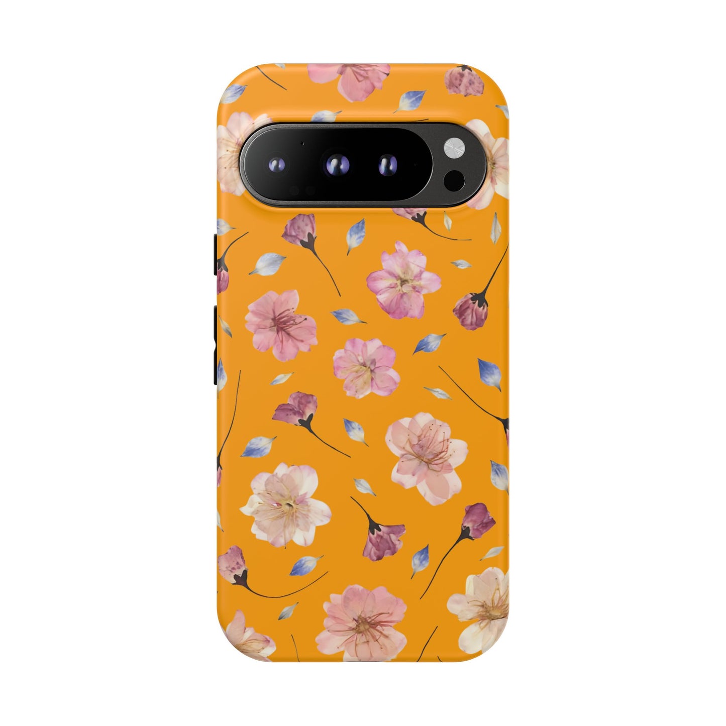 Coque Téléphone Samsung, iPhone & Google Pixel Renforcée Mate – Design Floral Fleurs de Cerisier sur Fond Couleur Curcuma| Protection Antichoc | Idée Cadeau Femme