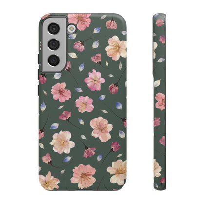 Coque Téléphone Samsung, iPhone & Google Pixel Renforcée Mate – Design Floral Fleurs de Cerisier sur Fond Verte Minéral | Protection Antichoc | Idée Cadeau Femme