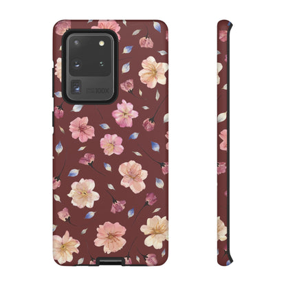 Coque Téléphone Samsung, iPhone & Google Pixel Renforcée Mate – Design Floral Fleurs de Cerisier sur Fond Bordeaux | Protection Antichoc | Idée Cadeau Pour Elle