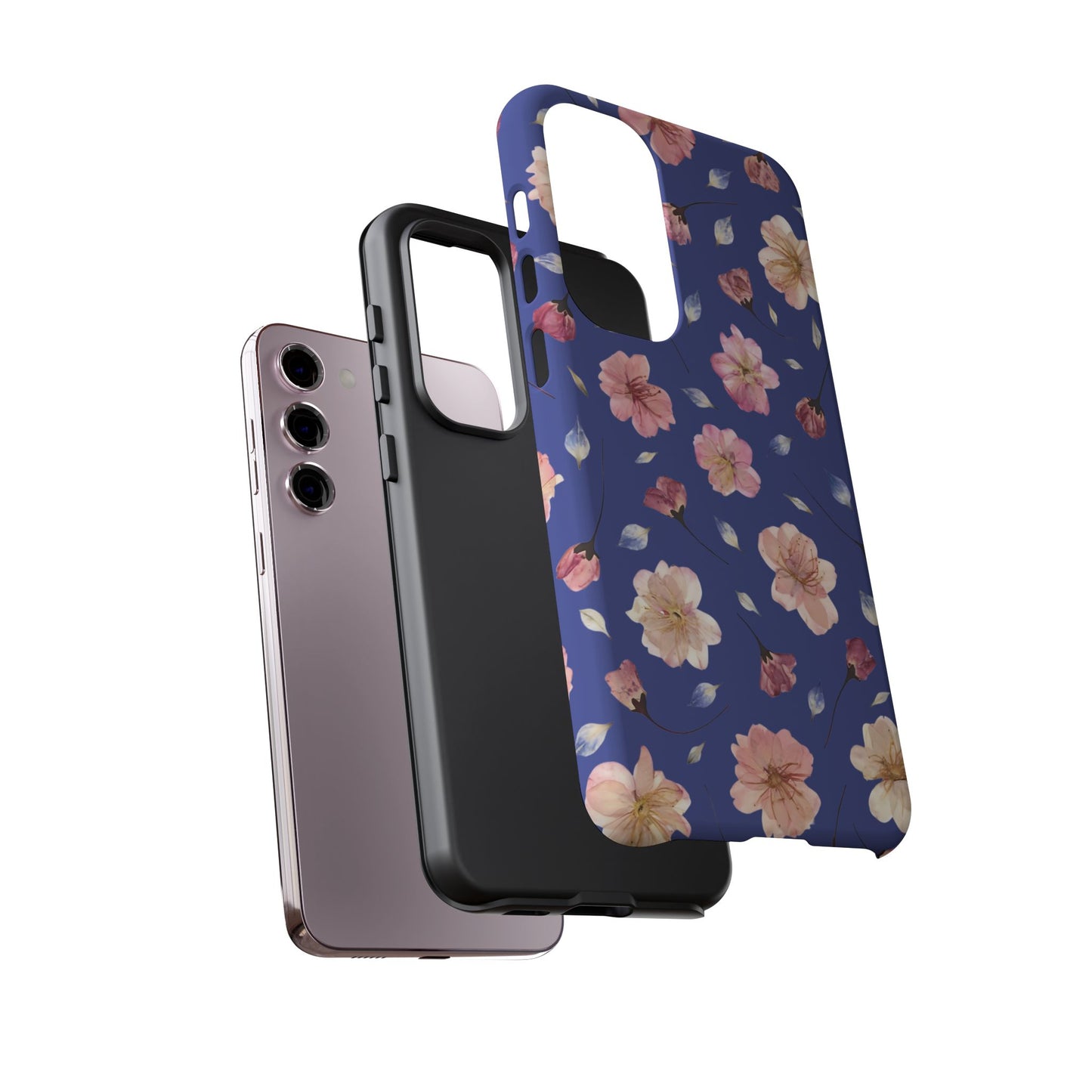 Coque Téléphone Samsung, iPhone & Google Pixel Renforcée Mate – Design Floral Fleurs de Cerisier sur Fond Bleu Encre | Protection Antichoc | Idée Cadeau Pour Elle