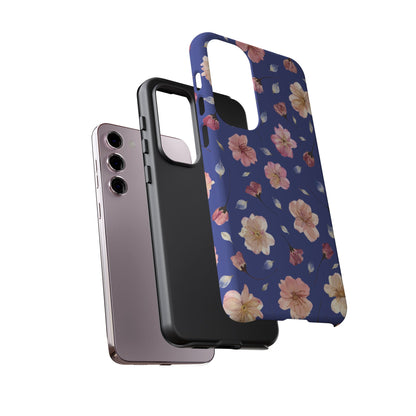 Coque Téléphone Samsung, iPhone & Google Pixel Renforcée Mate – Design Floral Fleurs de Cerisier sur Fond Bleu Encre | Protection Antichoc | Idée Cadeau Pour Elle
