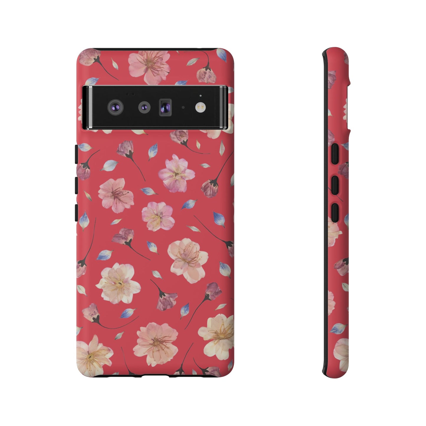Coque Téléphone Samsung, iPhone & Google Pixel Renforcée Mate – Design Floral Fleurs de Cerisier sur Fond Rouge Féminin | Protection Antichoc | Idée Cadeau Femme