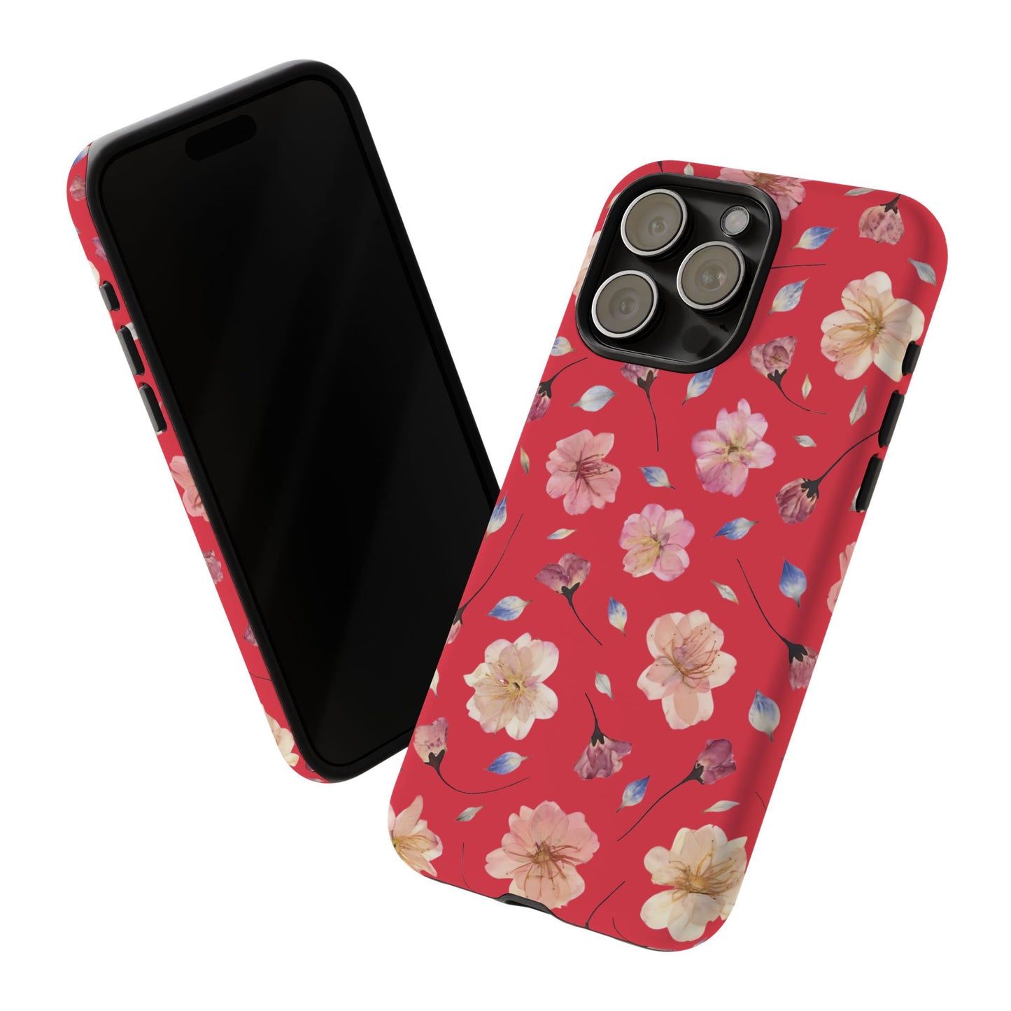 Coque Téléphone Samsung, iPhone & Google Pixel Renforcée Mate – Design Floral Fleurs de Cerisier sur Fond Rouge Féminin | Protection Antichoc | Idée Cadeau Femme