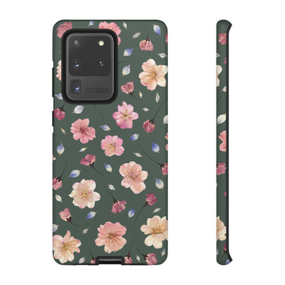 Coque Téléphone Samsung, iPhone & Google Pixel Renforcée Mate – Design Floral Fleurs de Cerisier sur Fond Verte Minéral | Protection Antichoc | Idée Cadeau Femme
