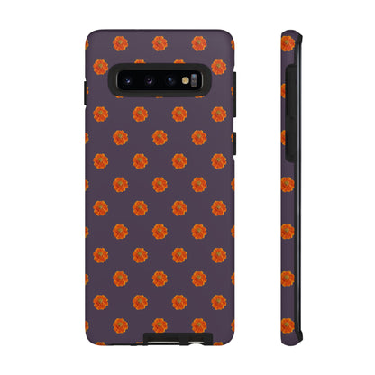 Coque Téléphone Samsung, iPhone & Google Pixel Renforcée Mate – Design Floral Epuré Fleurs de Cosmos Orange sur Fond Couleur Prune | Protection Antichoc | Idée Cadeau Femme
